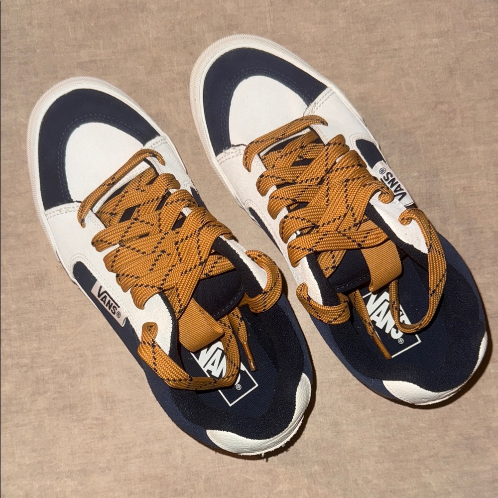 Vans Men's Navy and White Sneakers with Brown Accents